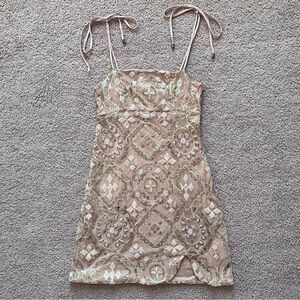 Free People Tan Sleeveless Sequin Mini Dress Womens Size 6 Fairy Party Cocktail